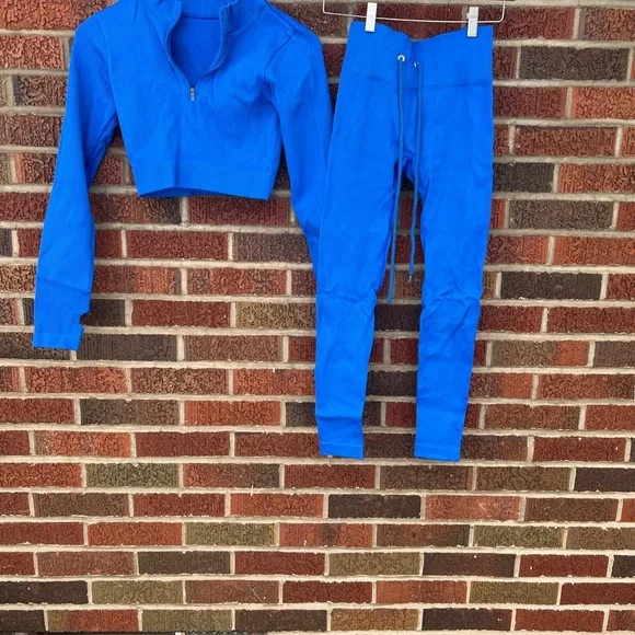 Royal Blue Ribbed High Rise Leggings Cropped Fitted Jacket Yoga Set - Picture 2 of 4